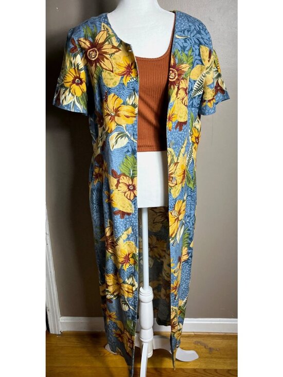 Positive Influence Dresses & Skirts - Vtg 80s Dress Linen Blue Tropical Floral Midi Button Artsy Boho Festival Women 6